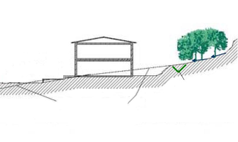 omgivande naturmark ligger högre än bebyggelsen. Det avskärande diket förhindrar att ytavrinnande vatten från naturmark ovanför bebyggelsen översvämmar tomtmark.