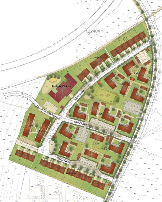 4.2 Planerad exploatering Den planerade exploateringen inom planområdet omfattar flerfamiljshus i två-och trevåningshus samt lägenheter i kedjehus.