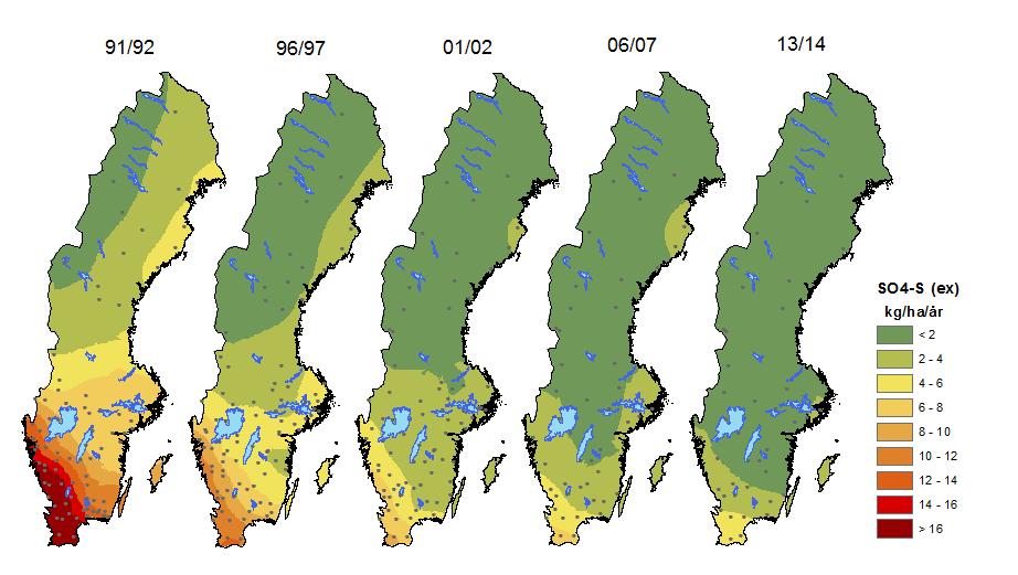 Minskningen av svavelnedfallet - en framgångssaga Svavelnedfallet till den svenska skogen har under de senaste drygt 20 åren minskat med mer än 80 procent, i takt med Europas minskade svavelutsläpp.