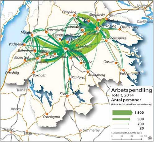 15 8 000 7 000 6 000 5 000 4 000 3 000 2 000 1 000 0 1995 2000 2005 2010 2014 Diagram 7: Arbetspendling mellan kommuner i Östergötlands län 1995-2014, båda riktningar (källa: SCB) Kartan nedan visar