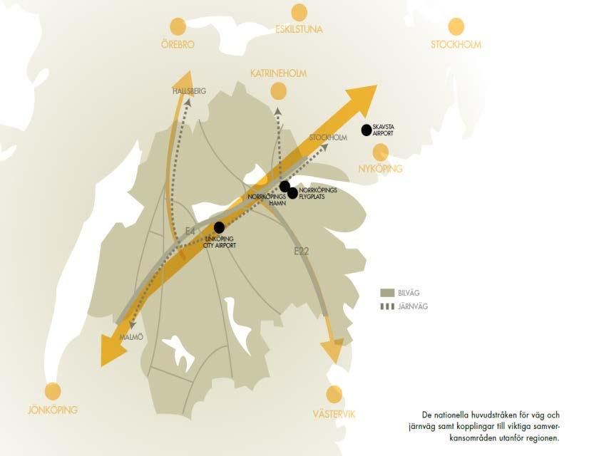 19 Karta 10: De nationella huvudstråken för väg och järnväg samt kopplingar till viktiga samverkansområden utanför regionen (källa: Regionalt utvecklingsprogram för Östergötland 2012) Det överlägset