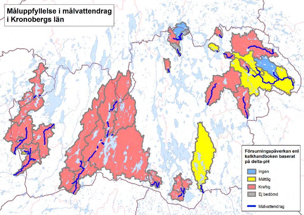 Figur 8 Försurningspåverkan för målvattendrag i Kronobergs län klassificerad enligt kalkhandboken (NV handbok 2010:2) med ledning av delta -ph enligt M AGIC.