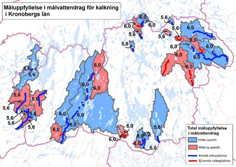 Figur 1. Kalkningens måluppfyllelse i länets 38 målvattendrag, samt ph -mål för respektive målvattendrag.