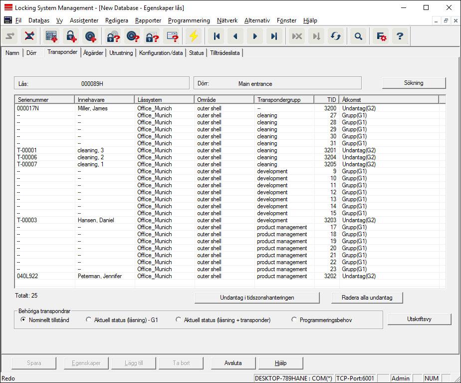 56 / 141 Låsets egenskaper: Transponder Tabell Visar alla transpondrar med behörighet till låset i en lista.