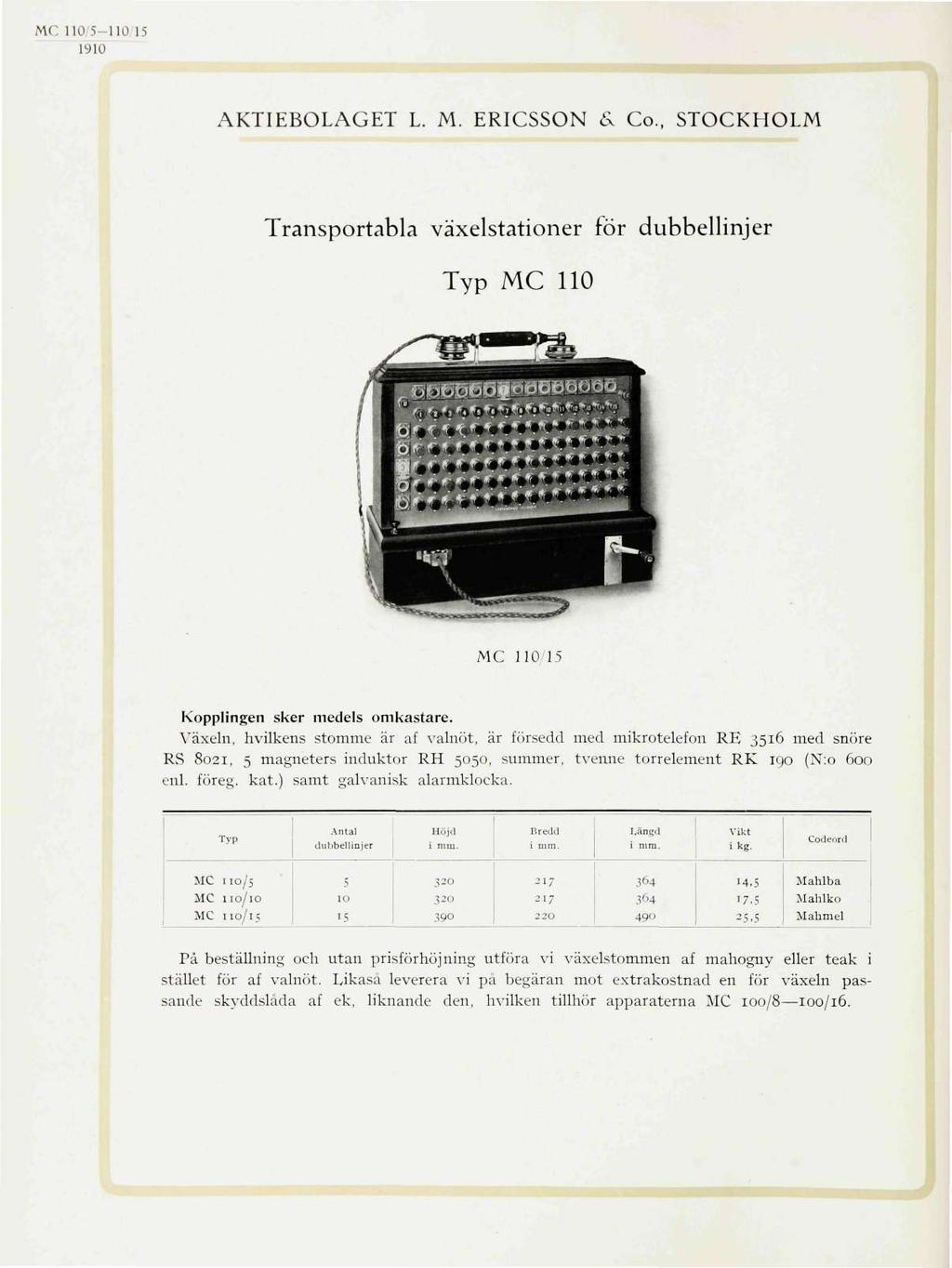 MC 110 5-110 15 AKTIEBOLAGET L. M. ERICSSON & Co., STOCKHOLM Transportabla växelstationer för dubbellinjer Typ MC 110 MC 110/15 Kopplingen sker medels omkastare.