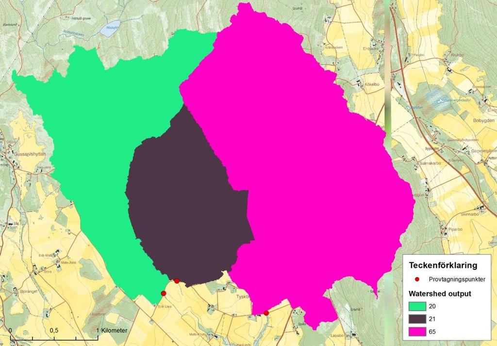 Figur 10. Utdata från verktyget Watershed till tre punkter i Säters kommun. När resultatet från verktyget Watershed görs om till polygoner blir resultatet som i figur 11.