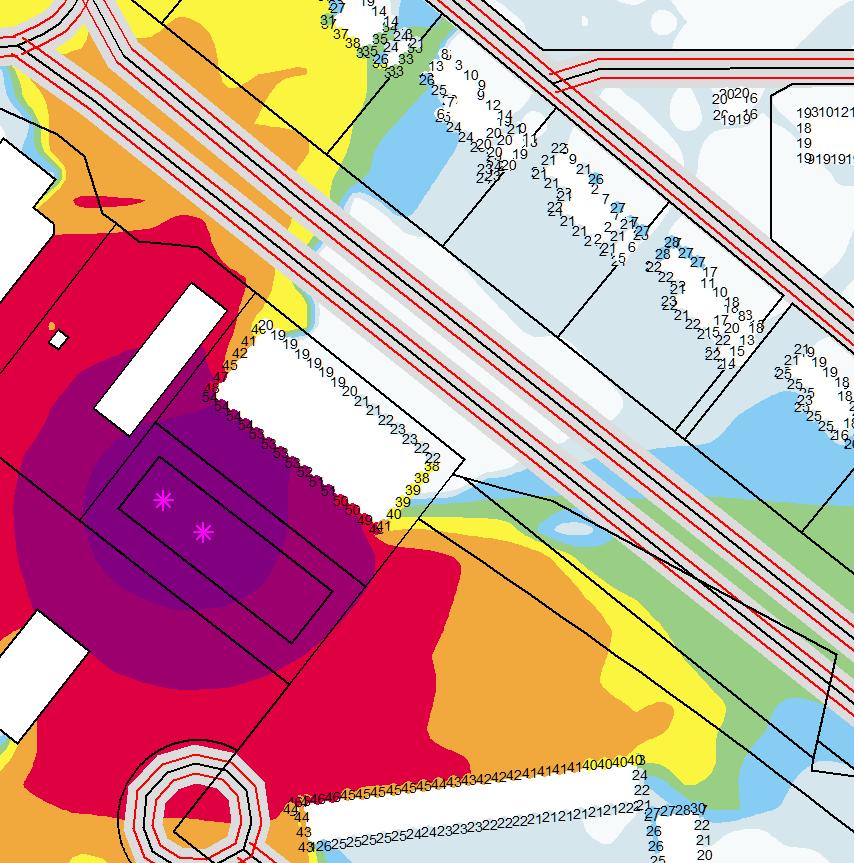 Figur 5 - Ljudutbredning för ekvivalenta ljudnivåer i fallet med öppen transformatorstation Vad gäller planerad byggnation i området visar beräkningar utan inbyggnation av transformatorstationen