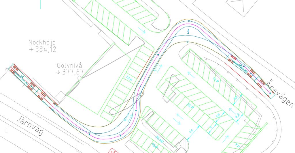 Figurerna 5 till 7 visar att ett leveransfordon bestående av ett 24 meter långt ekipage lastbil med släp (Ls) kan ta sig in från väster, backa till lastkajen och sedan köra norrut via parkeringen och