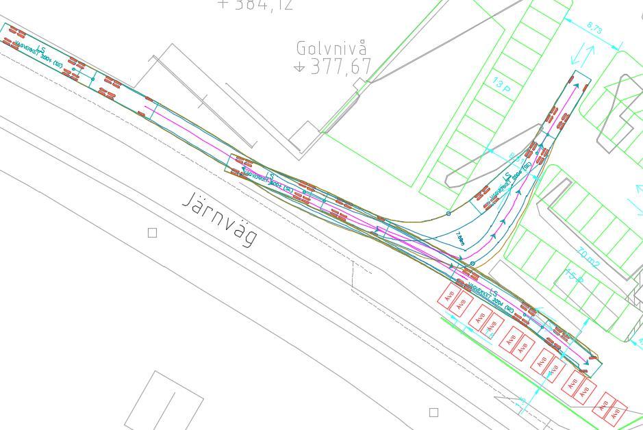 Figur 8 visar att ett 24 meter långt ekipage lastbil med släp (Ls) kan komma in från nordväst, köra fram till ÅVS-kärlen