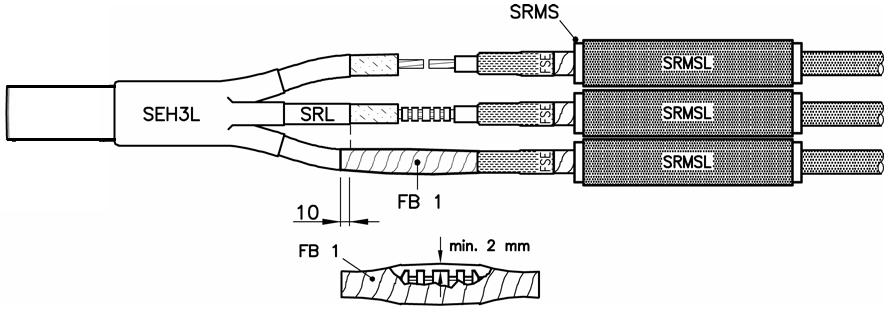 8) Material från påse 4 Skjut på ytterkrympslangarna SRH3 i parkeringsläge på PEX-kabeln För på isolerslangarna, 2 rör utanpå