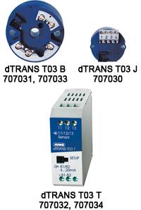 dtrans T03 2/3-tråds mätomvandlare (707030) Typblad 707030 74 / 89 Design för B huvud, J huvud, eller DIN-skena Pt100 Analog mätvärde Utgång, 2-tråds 4-20 ma, 3-tråd 0-10 V Konfiguration med