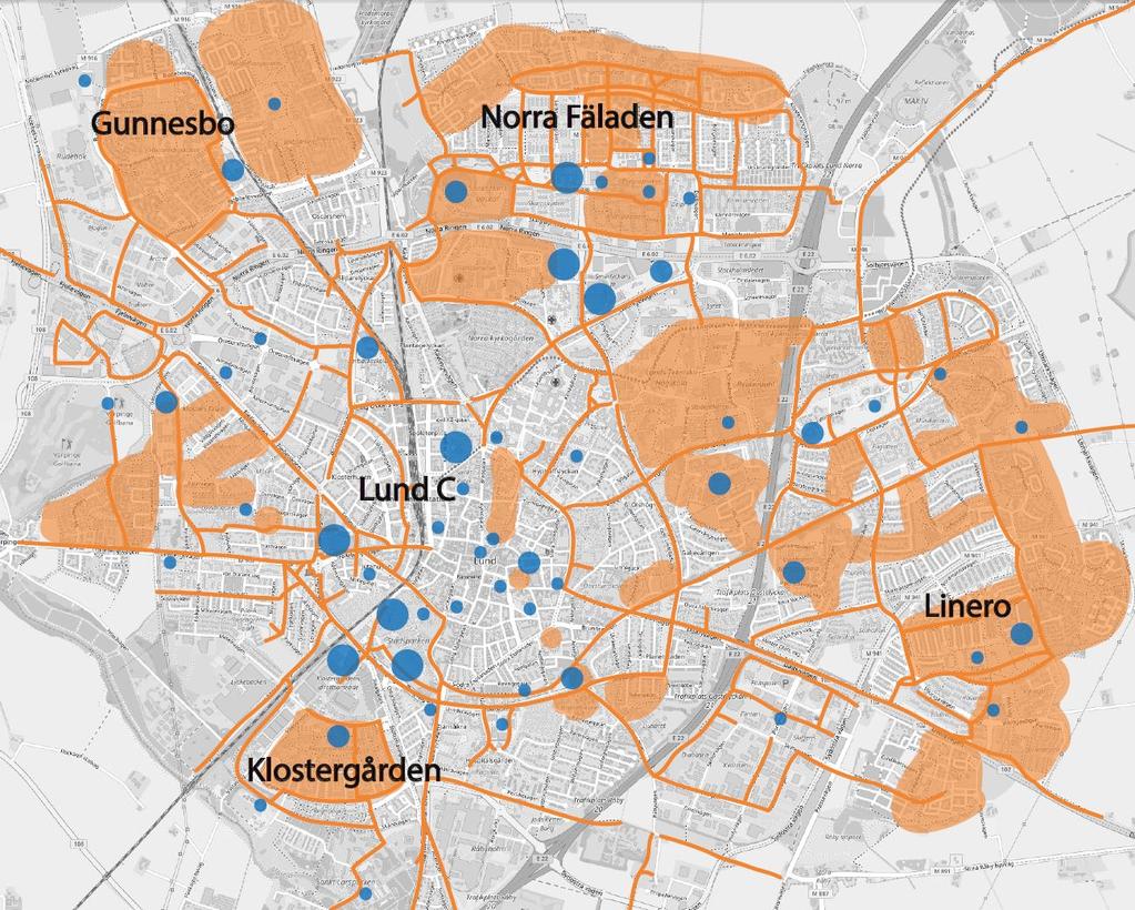 I Figur 15 redovisas en översikt av Lunds bilseparerade cykelnät baserat på webbverktyget Open Street Map samt egna observationer.