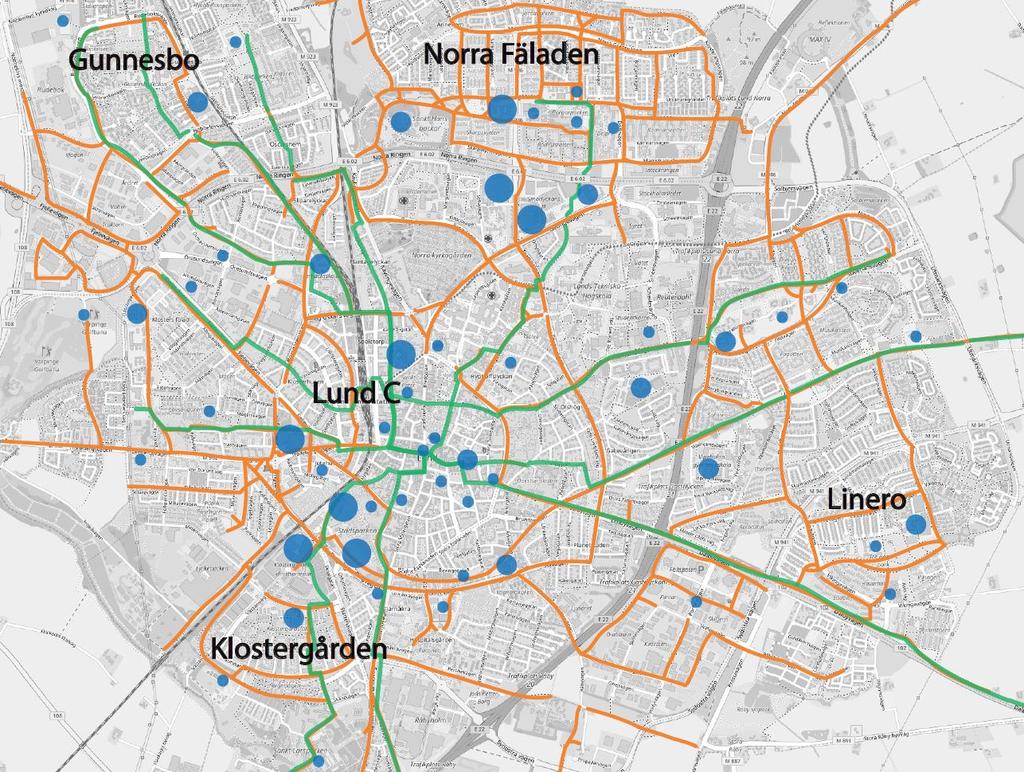 Figur 16 Bilseparerat cykelnät (orangea linjer) samt huvudcykelstråk (gröna linjer) I en mer