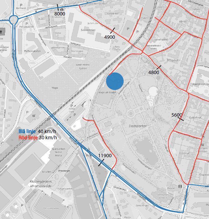 Figur 26 Hastighetsbegränsningar och trafikflöden i närområdet kring Högevall Gång- och cykelpassager Trafikverket (2014) har kartlagt och bedömt säkerhetsnivån för passager i Sverige efter en