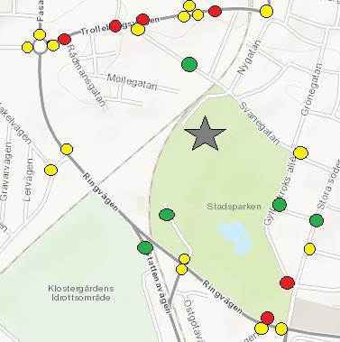Figur 27 Säkerhetsklassade GCM-passager enligt Trafikverket (2014) vid Högevall, grönt = bra, gult = medel, rött = dåligt Genhetskvoter Genhetskvoter från de fyra bostadsområdena till Högevall