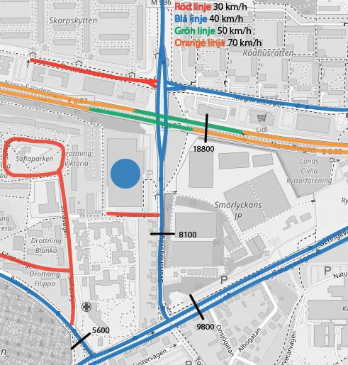 trafikkontoret i Lund 2016). Resultatet redovisas i Figur 29 och gatorna som måste passeras i plan är hastighetsbegränsade till 30 eller 40 km/h (Trafikverket 2012b).