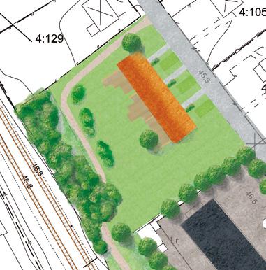 Nedan illutrera två olika ätt att bebygga området. Gemenamt för båda illutrationerna är att befintlig vegetation mot järnvägen får utgöra en viuellt kyddande kärm.