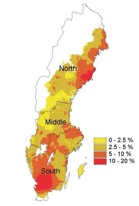 Förekomsten av dikad skogsmark på torv varierar mellan olika delar av Sverige (SLU, 2006) (Figur 4).