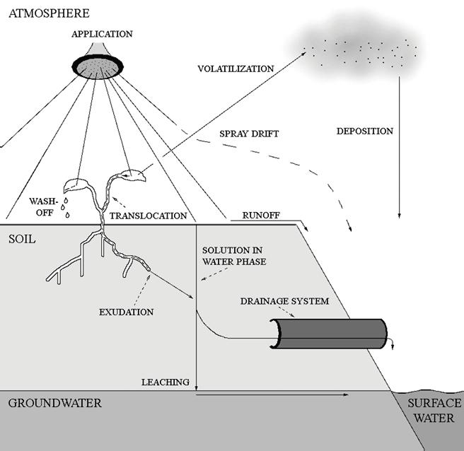I den litteraturgenomgång som Blann et al., (2009) har gjort citeras en rad studier av transporten av pesticider från odlad mark via dräneringssystem och ytavrinning. Kladivko et al.
