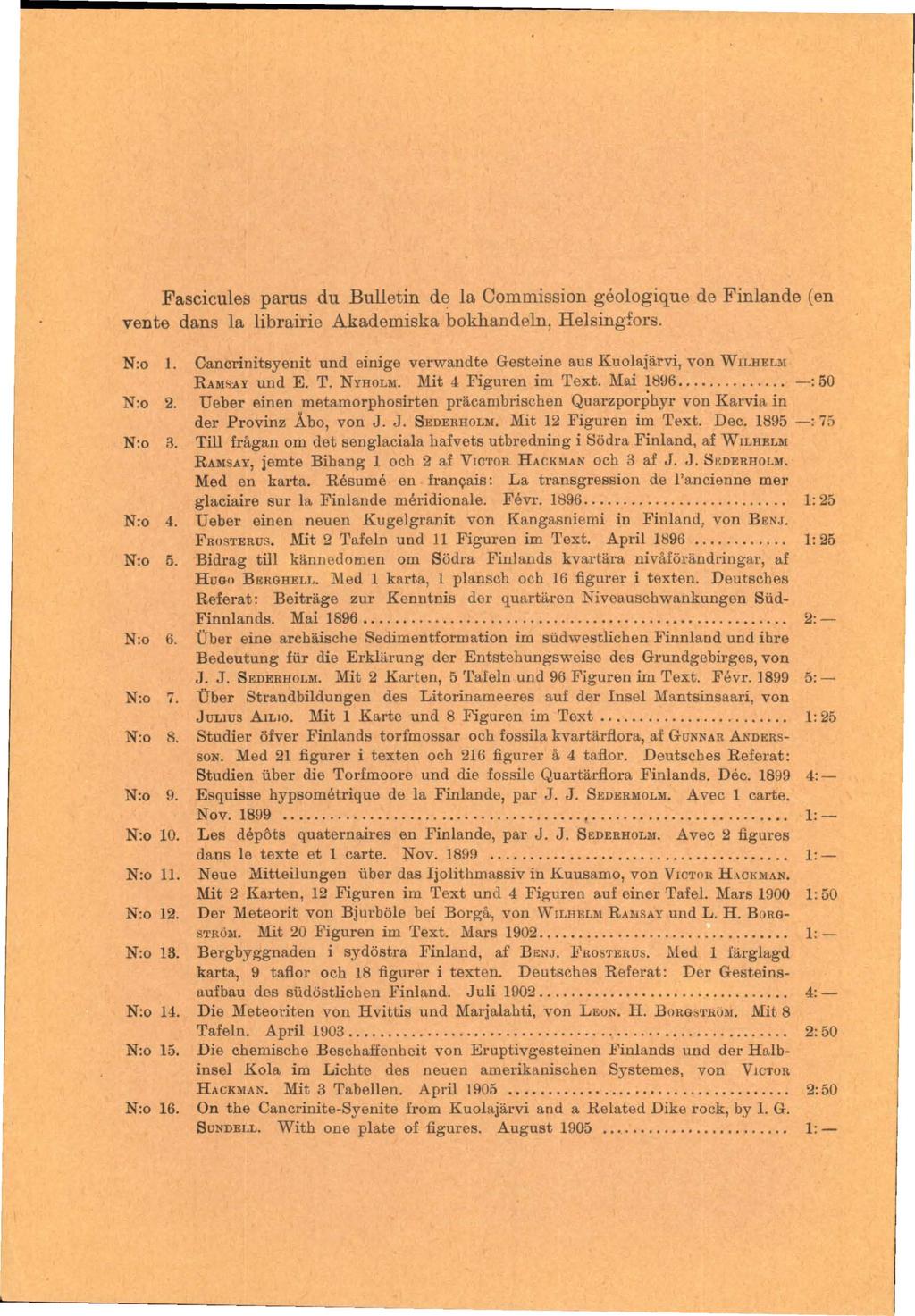 Fascicules parus du Bulletin de la Commission geologique de Finlande (en vente dans la librairie Akademiska bokhandeln, Helsingiors. N:o 1.