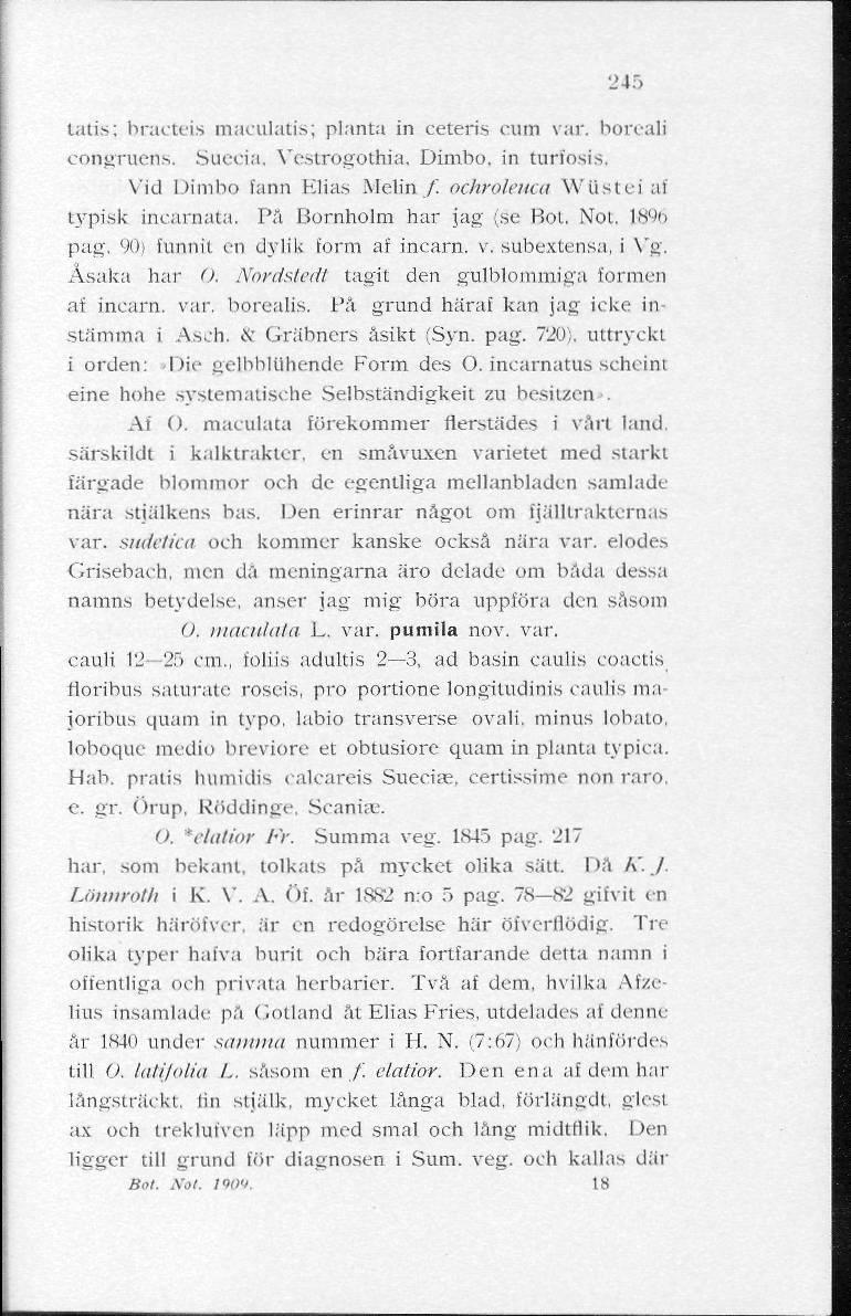 245 talis: bracteis maculatis; planta in ceteris cum var. boreali congruens. Suecia, Vestrogothia. Dimbo, in turfosis. Vid Dimbo fann Elias Melin / ochroleuca Wiistciaf typisk incarnata.