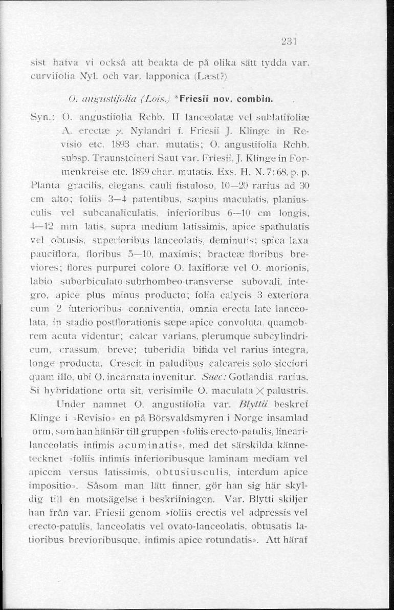 231 sisl halva vi också att beakta de pa olika sätt tydda var. curvifolia \'yl. och var. lapponica (Last?) O. angustifolia (Lois..) 'Friesii nov. combin. Syn.: O. angustifolia Rchb.