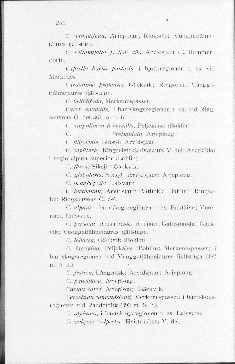 266» C. rolmidifolia, Arjeploug; Ringselet; Vuoggatjålmejaures fjällstuga. C, rotimdifolia /. flor. ti/o., Arvidsjaur (E. Hemmen dorff). Capsella bursa pastorts, i björkregionen t. ox. vid Merkenes.