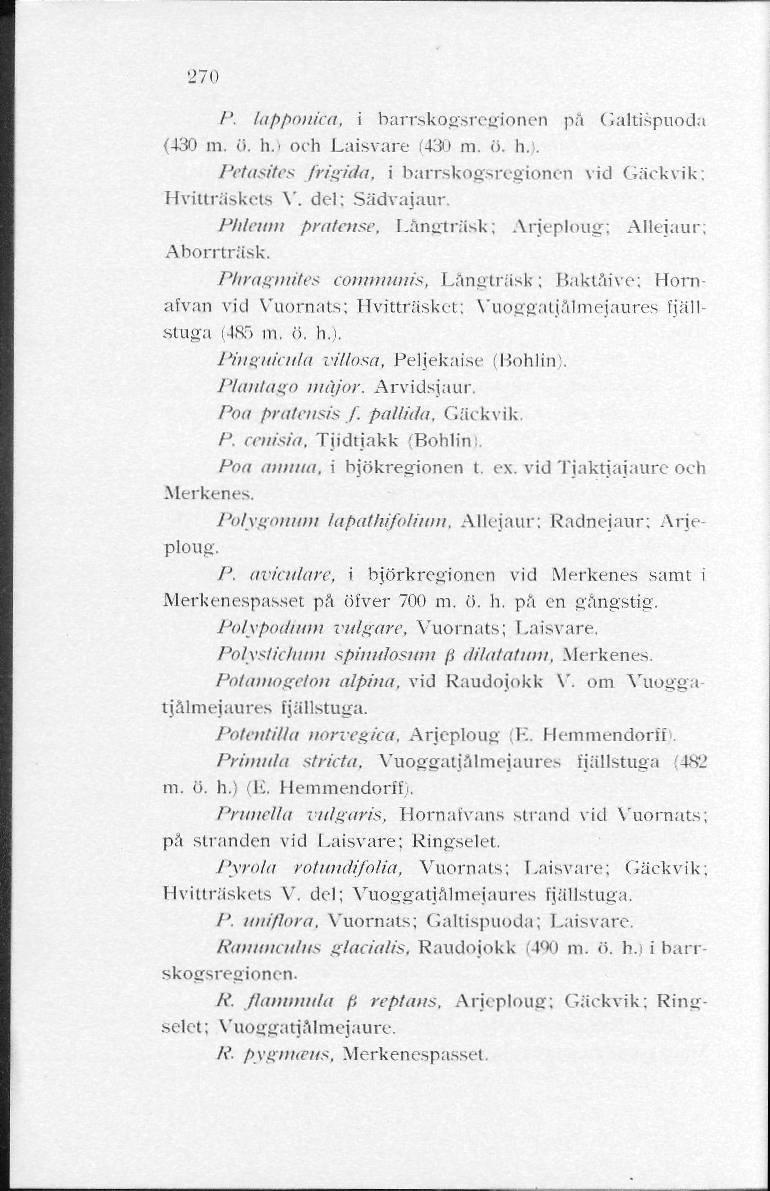 270 /'. lapponica, i barrskogsregionen på Galtispuoda (430 m. ö. h.) och Laisvare (430 m. ö. Ii.. Petasites frigida, i barrskogsregionen vid Gäckvik; Hvitträskets V. del: Sädvajaur.