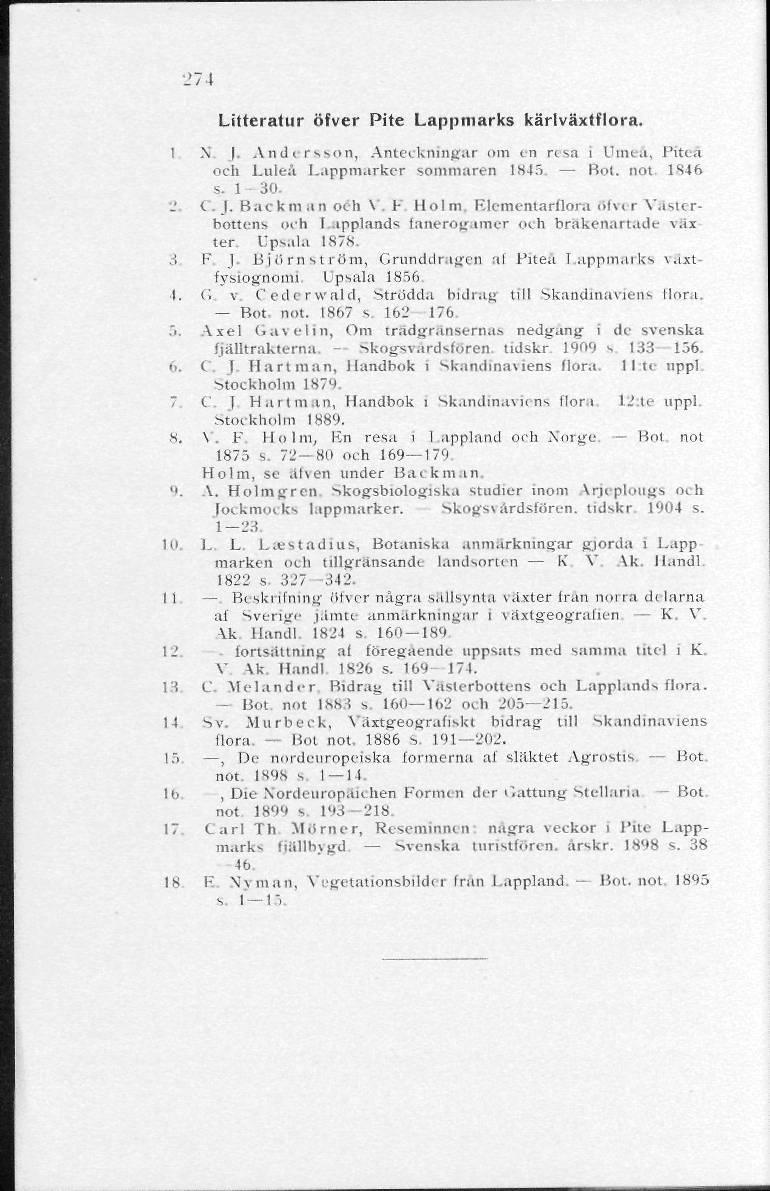274 Litteratur öfver Pite Lappmarks kärlväxtflora.! X. Andi rsson, Anteckningar om en riva i Umeå, Piteå" och Luleå Lappmarker sommaren 1845. Bot. not 1S46 s. 1 30. i.. Backman ocli \ i- Holm Elementarflora öfv< r Västerbottens och I ipplands lanerog.