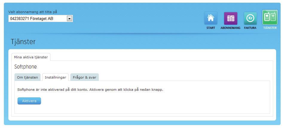 4 Aktivera 4.1 Aktivera Softphone-klient till konto Mina Sidor 1. Logga in på Mina Sidor kontot och välj ikonen Tjänster längst upp till höger i bild. 2. Klicka på fliken Inställningar.