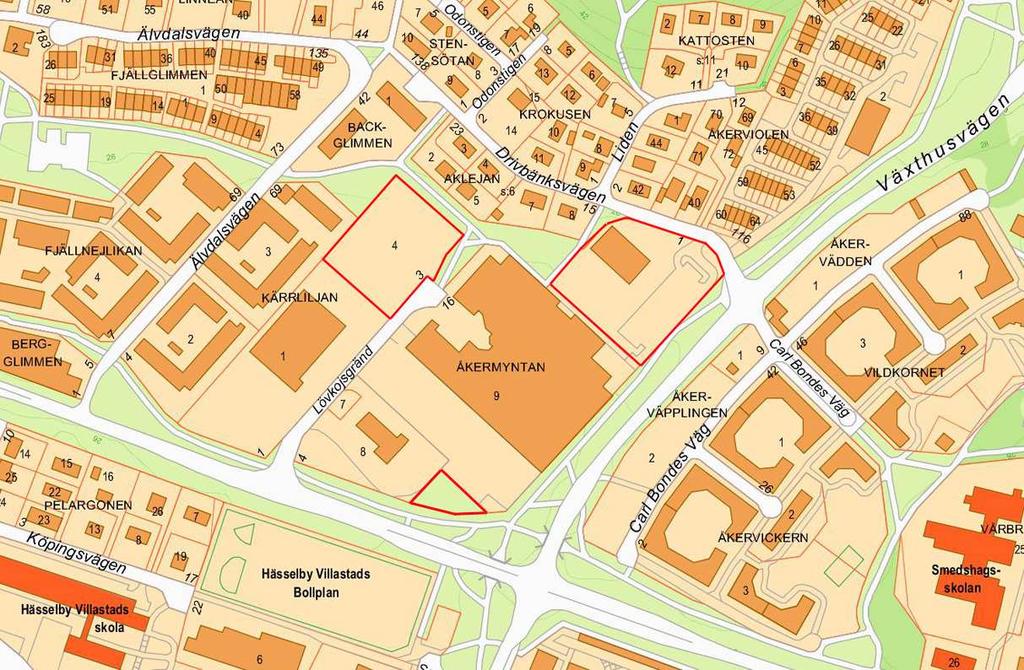 Sida 3 (6) Förslag till nya bostäder Planområdet är uppdelat på tre delar. En del ligger omedelbart nordöst om centrumbyggnaden och är en del av fastigheten Åkermyntan 9.