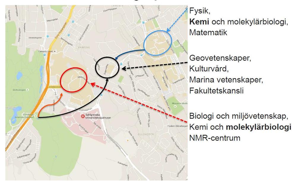 halvdelen institutter ved fakultetet være samlet på én adresse, idet KMB vil være placeret på to adresser i Göteborg,