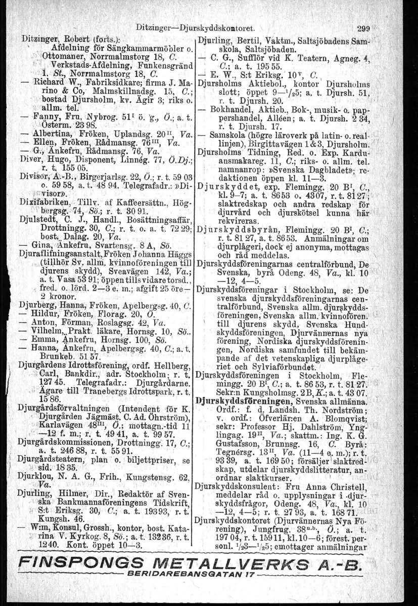 DitziDger~ Djurskyddskontoret. '299l/. Ditsinger. Robert: (forts.j:, Djurling,Bertil, ;V~ktin., SaltsjöbadensSam,H'~,, o' Afdelning 01' Sängkammarmöbler o., skola, Saltsjöbad~n., "" i }}!