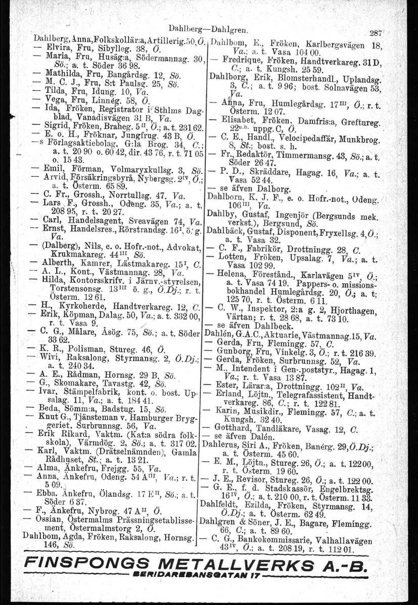 " DahlbergDahlgren. 287' Dahlberg,lnna,FolkskoWir:a,ArtilIerig.50 O. Dahlbom, K, Fröken, Karlbergsväo'en Elvira, Fru, Sibylleg. 38, O. ' Ya.; a. t. Vasa 104.00. b 18, Maria, Fru, Husäg:a, Södermannag.