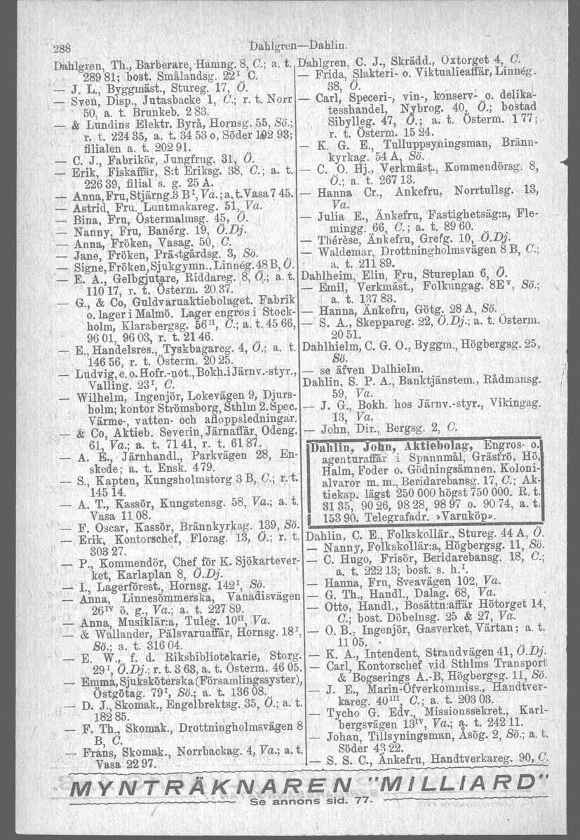 o 22639, o _ P., tiekap. Tycho 288 DahlgrenDahliq. Dahlgren, Th., Barberare, Hamng. 8, O.; a. t. Dahlgren, C. J., Skrädd., Oxtorget 4, O. 28981; bast. Smålandsg. 221. C. Frida, Slakteri o.