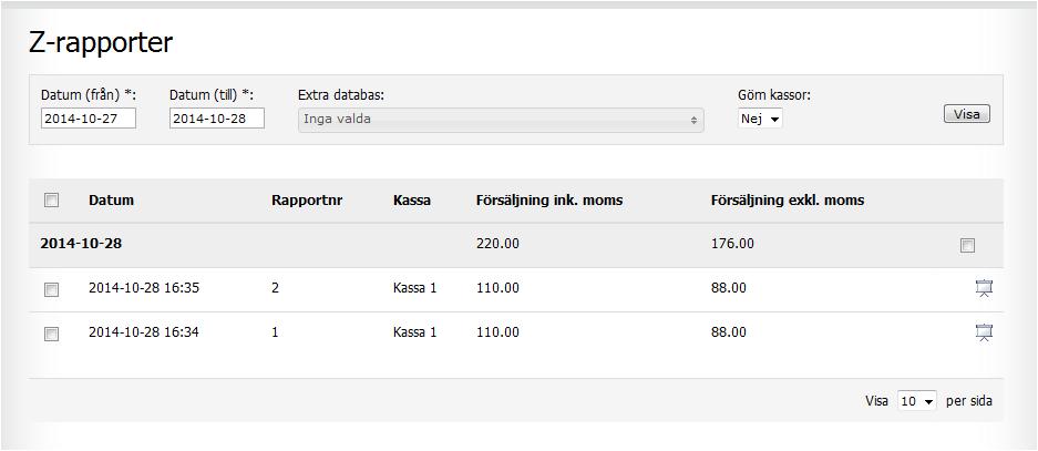 Klicka för att exportera i excelformat Klicka för att se detaljerad info Rapporter Z-Rapporter Rapporter
