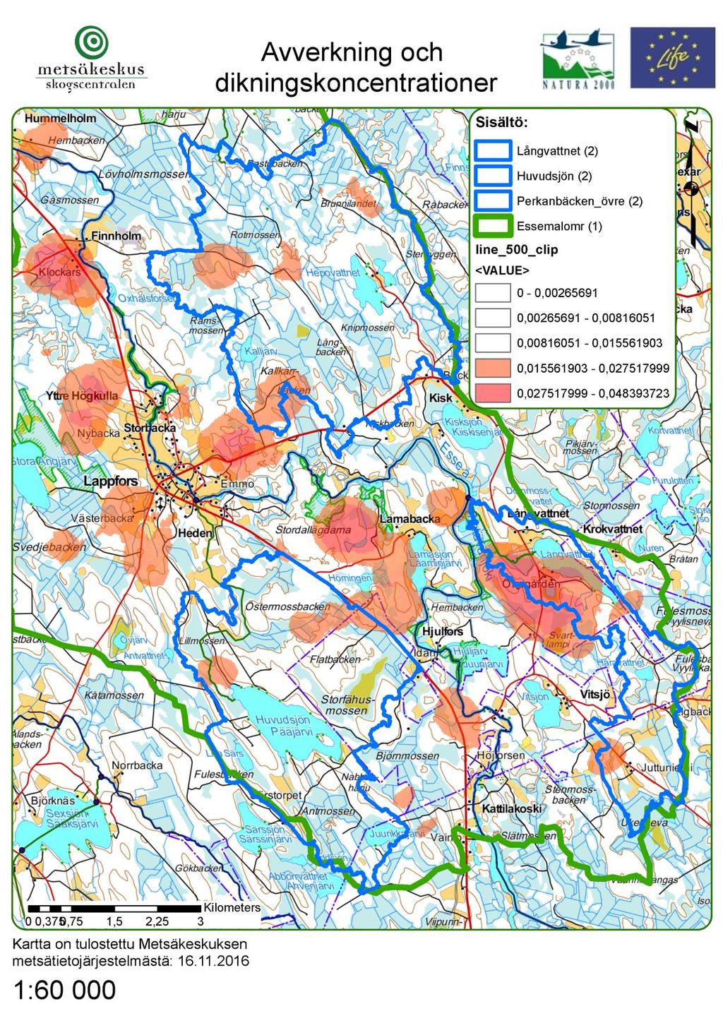 Bild 11. Visar koncentrationerna och var de finns i förhållande till de intressantaste områdena inom projektområdet.