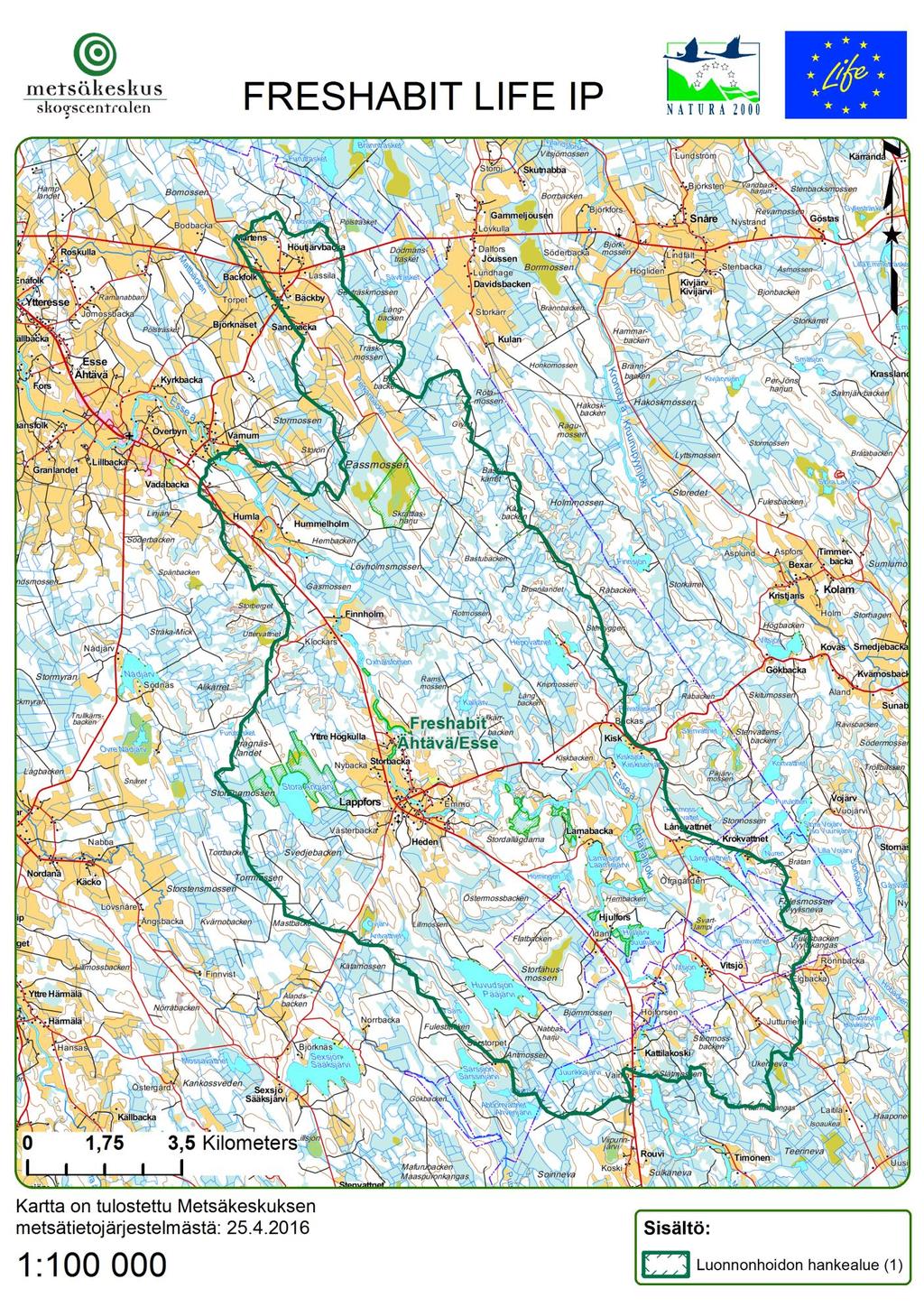 Bild 1. Karta över projektområdet, ca 13 000 ha stort, avgränsningen med grön heldragen linje.