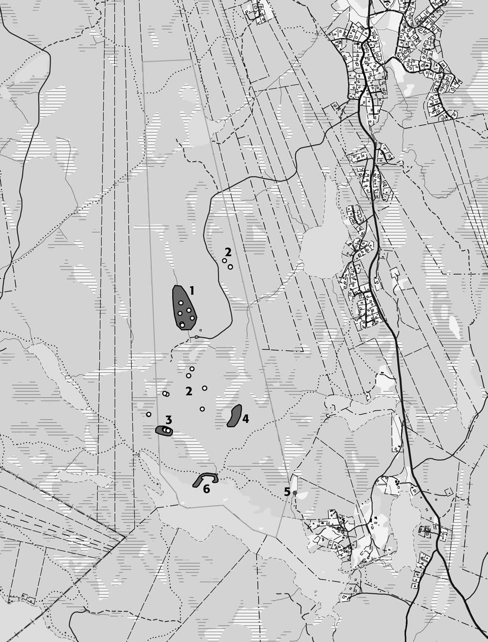 0 1000 m Fig. 8. Kartan visar de påträffade fornlämningarna, markerade med objekt 1 6, i utredningsområdet. Skala 1:20 000.