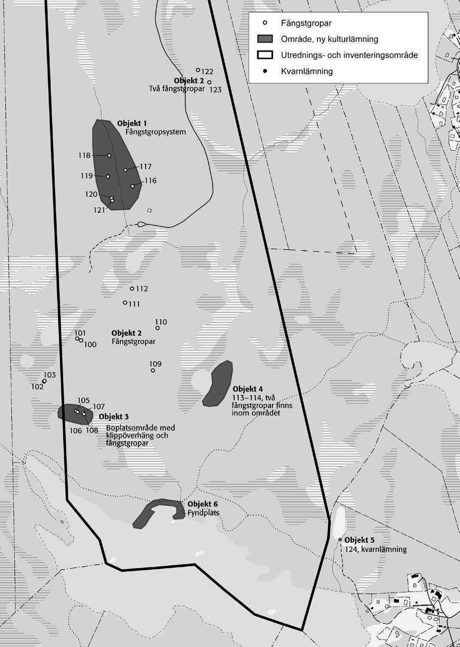 0 500 m Fig. 9. Kartan visar utredningsområdets södra del, de sex objekten och numrerade anläggningar. Skala 1:10 000.