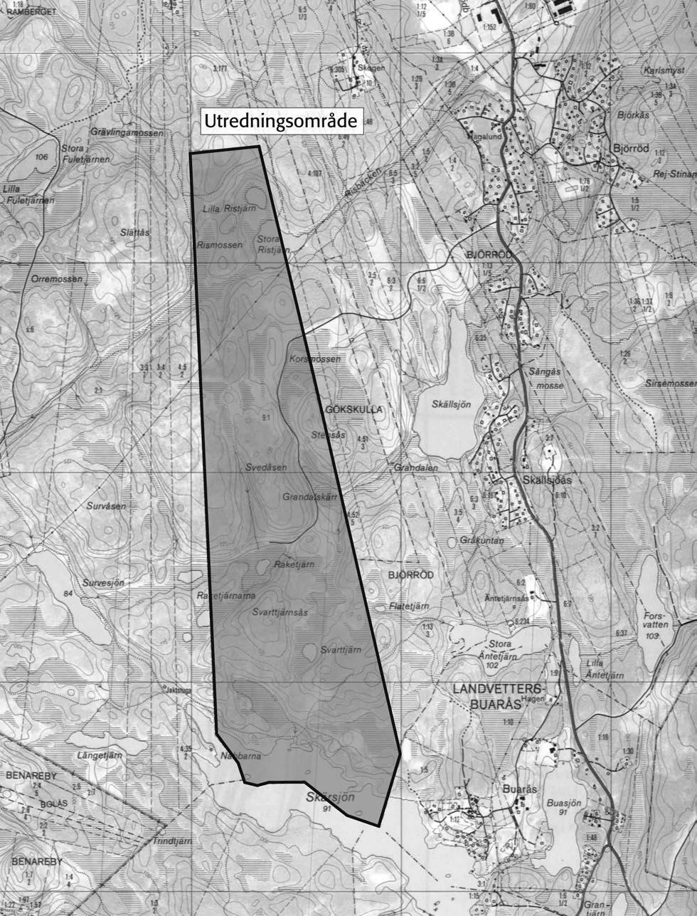 0 500 m Fig. 3. Utsnitt ur Gula kartan, blad 6B:87 Landvetter, med undersökningsområdet markerat. Skala 1:20 000.