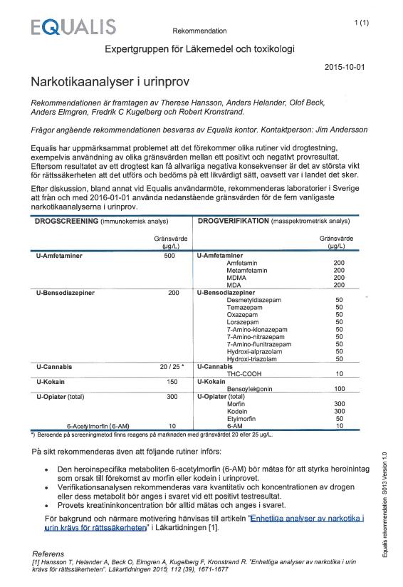 EQUALIS Rekommendation DROGSCREENING (immunokemisk analys) Okt. 2015 Gränsvärde (µg/l) U-Amfetaminer 500 U-Amfetaminer http://www.equalis.se/media/126781/ s013_graensvaerden-foer-narkotika-i-urin_10.