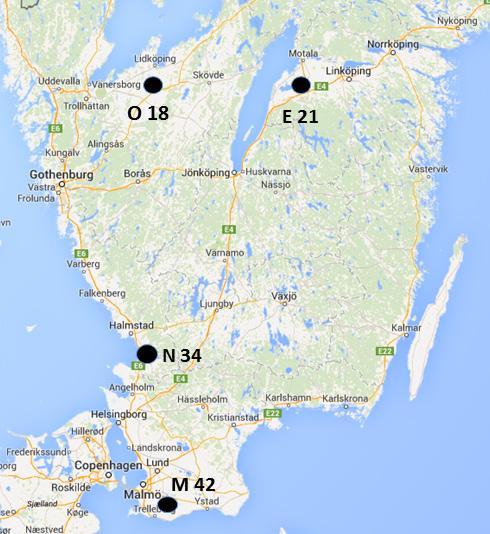 Figur 4. Karta över södra Sverige med de fyra typområden M42 (Skåne), N34 (Halland), E21 Östergötland och O18 (Västergötland) utmärkta.