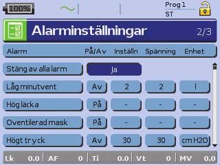 Inställningsmeny: Alarminställningar Följande alarm som kan ställas in i Klinisk funktion. Alarminställning Standard Beskrivning Ställ in Alla alarm av? Ja Ställer av alla användarvalda alarm. Obs!