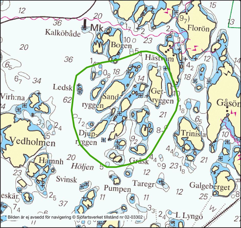 4.1 Sandryggen, Getryggen m.fl. Bild 2. Sandryggen, Getryggen m.fl. Området är beläget nära Gluppöbassängen. En hel del passerande båttrafik medför att flera angöringsplatser är utsatta för svall.