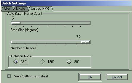 På fliken Curved MPR (böjd MPR) kan du ändra stegstorleken (antalet grader), antalet bilder som genereras och rotationsvinkeln för en automatiskt böjd MPR-sats som kan nås via högerklicksmenyn. 2.