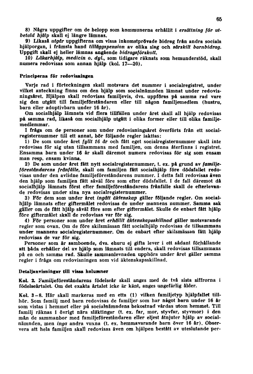 8) Några uppgifter om de belopp som kommunerna erhållit i ersättning för utbetald hjälp skall ej längre lämnas.