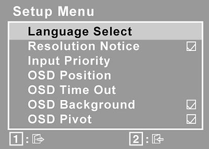 Kontroll Beskrivning Setup Menu (Inställningsmenyn) visar följande meny. Language Select (Språk) gör det möjligt för dig att välja vilket språk som används i menyer och kontrollskärmar.