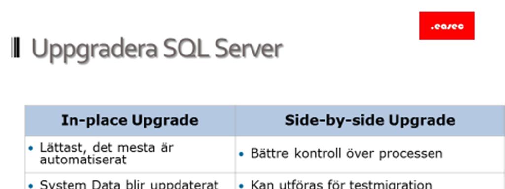 29 Uppgradera SQL Server In-place upgrade In-place upgrades är när installerad version av SQL Server uppgraderas direkt med ny version.