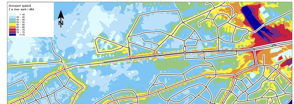 4 Diskussion Ekvivalent nivå vid fasad beräknas till högst 61 dba. Större enkelsidiga lägenheter kan därmed inte placeras med fasad mot den bullerexponerade sidan.